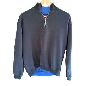 Tommy Bahama Mens Reversible Quarter Zip Pullover Sweater Black Blue Marlin Logo